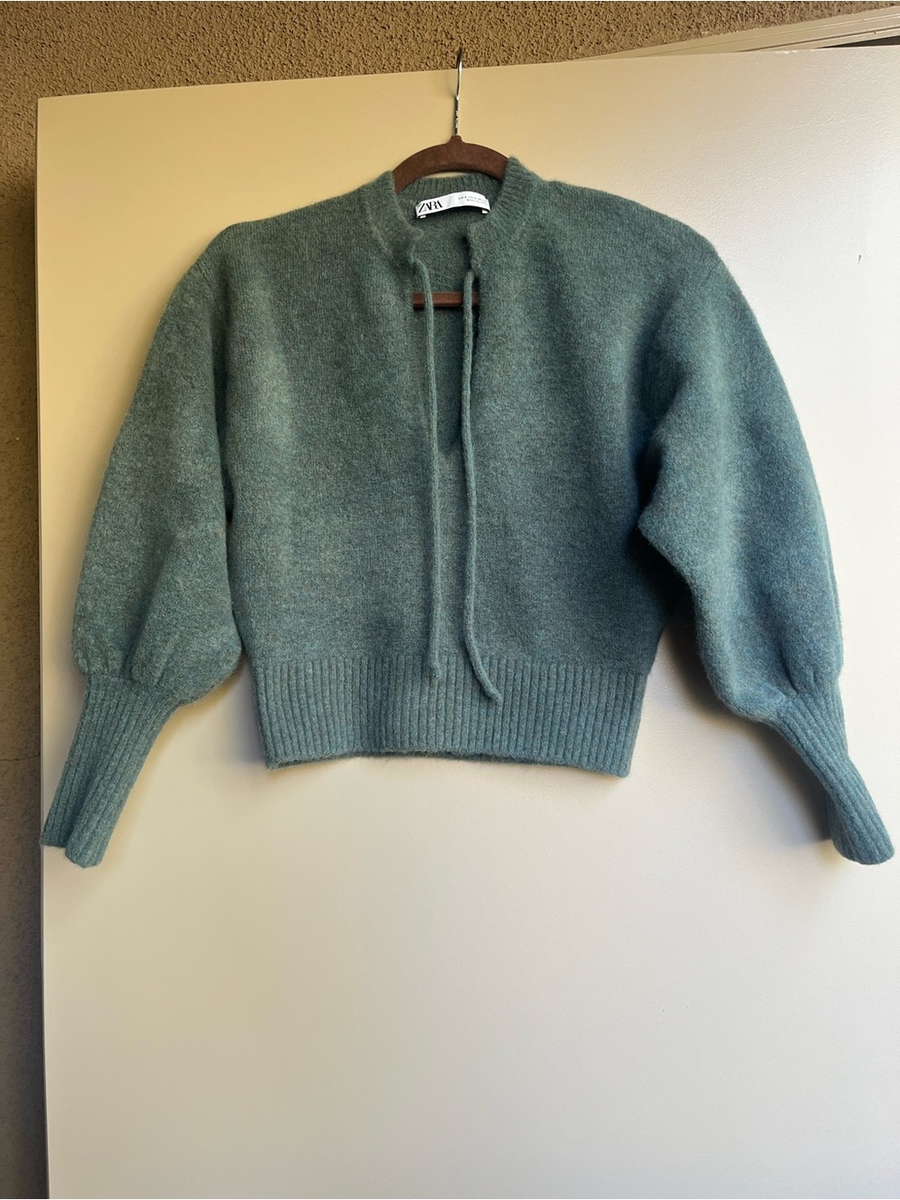 Zara Dusty Teal Crewneck Tie-Front Sweater